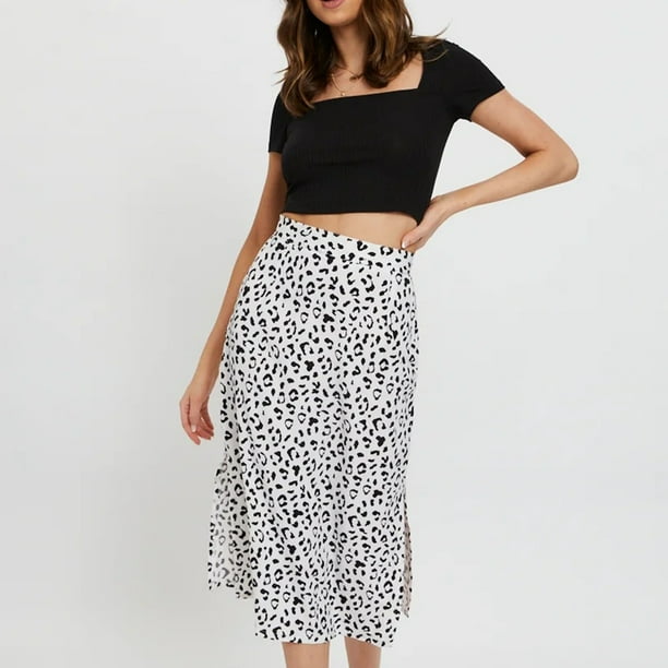 Leopard Print Midi Skirt High Waisted Side Split Zipper Chiffon Midi Skirt for Lady Girl Dating Party White XL