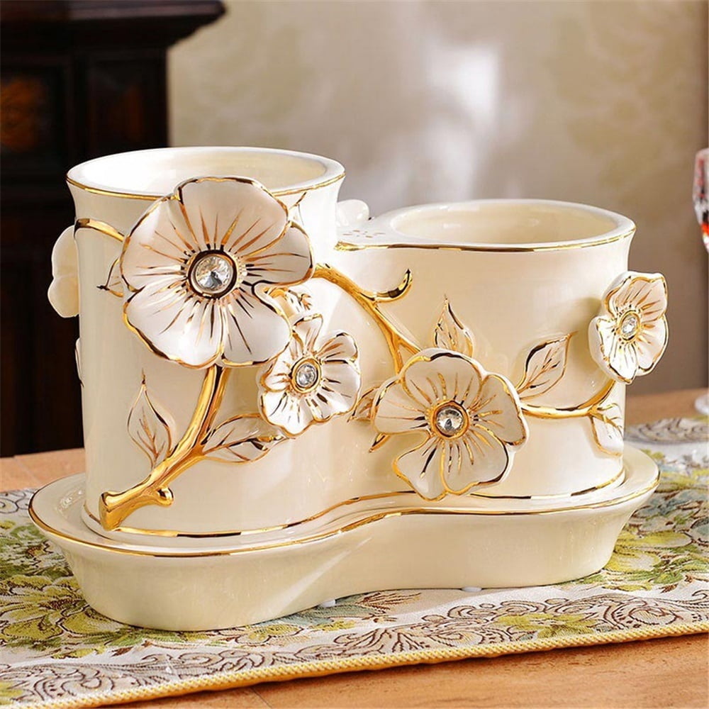 Ceramic Utensil Holder Household Utensil Organizer Drain Rack with 2 Divided Compartments