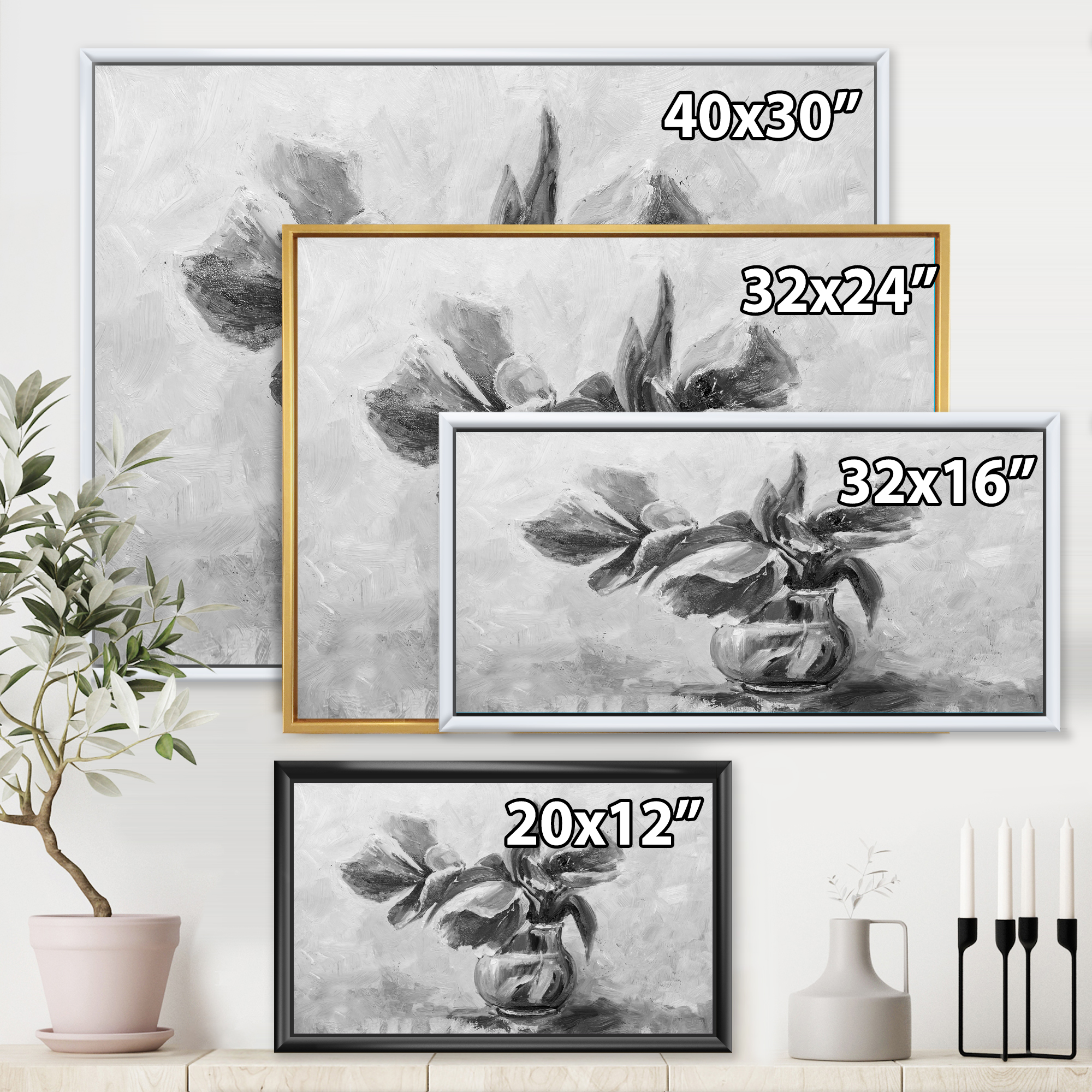 Designart 'Black and White Still Life Of Flowers In A Vase' Traditional Framed Canvas Wall Art Print