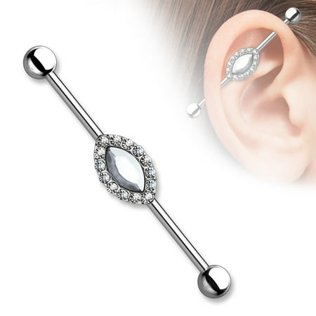 - Industrial Barbell Marquise Crystal Around 316L Surgical Steel Industrial 1 1/2 14g Bar