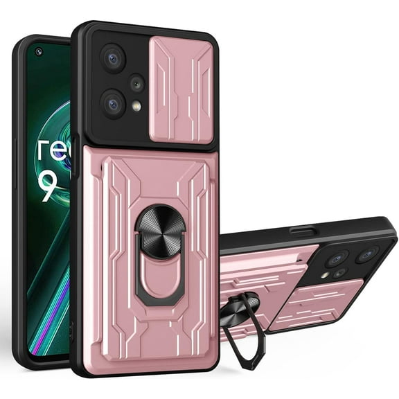Heavy Duty Protection Case for Oppo Realme 9 Pro (Not 9 Pro), Magnetic Ring Kickstand Slide Camera with Card Holder Phone Cover for Oppo Realme 9 Pro Rose Gold
