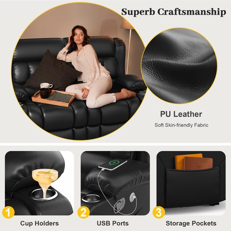 LOBERFVE Loveseat Recliner Sofa, PU Leather Reclining Loveseat with USB Charge Ports, Cup Holders, 2 Seater Manual Pull Tab Recliner Sofa Couches for Living Room, Black