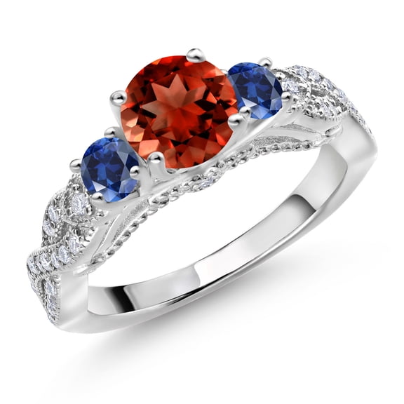 Gem Stone King 925 Sterling Silver Red Garnet Blue Created Sapphire and White Moissanite Engagement Ring for Women (1.55 Cttw, Gemstone January Birthstone, Round 6MM and 3MM, Size 9)