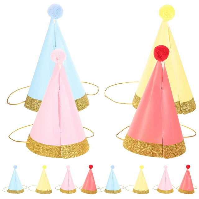 MasteelfCA 12pcs Pomp Kids Birthday Hat Glitter Party Golden Rim Photo Props for Children Decoration (Pink, Red, Yellow, Blue Each Three)