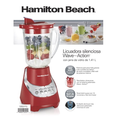 Hamilton Beach Wave Action Quiet Blender, 48 oz. Glass Jar, 12 Blending Functions, Red, MISSING CONTAINER