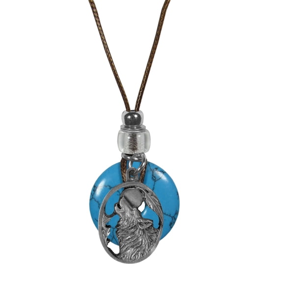 Howling Wolf Adjustable Cord Necklace with Torquoise Colored Disc