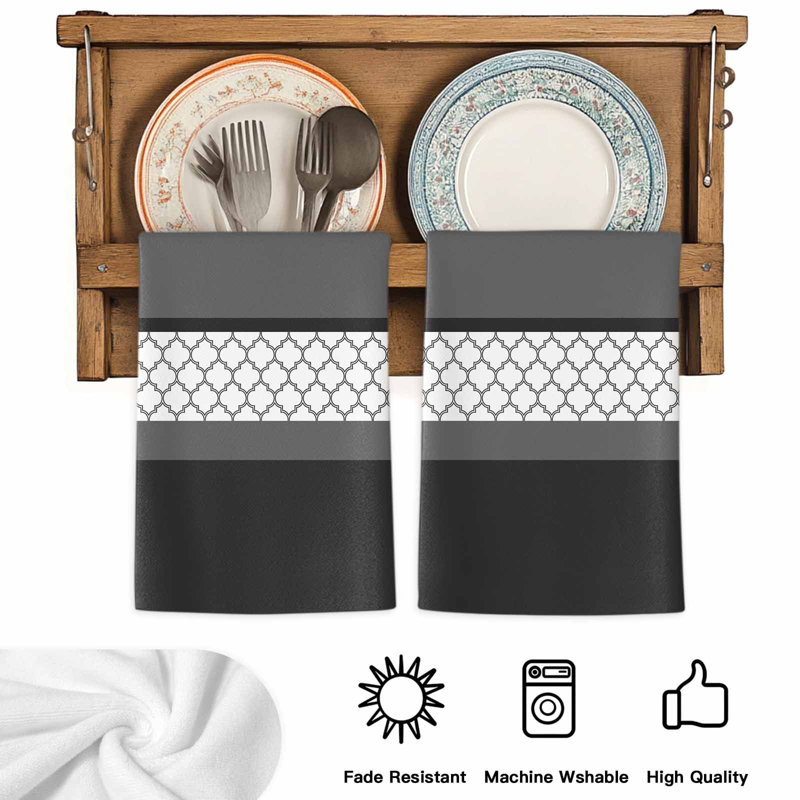 Dish Towels, Black Gray Geometric Absorbent Kitchen Towels 2 PCS, Stitching Morocco Pattern Microfiber Hand Towels Dish Cloths Tea Towels for Home&nbsp;Bathroom Cleaning Drying,18X28-Inch,