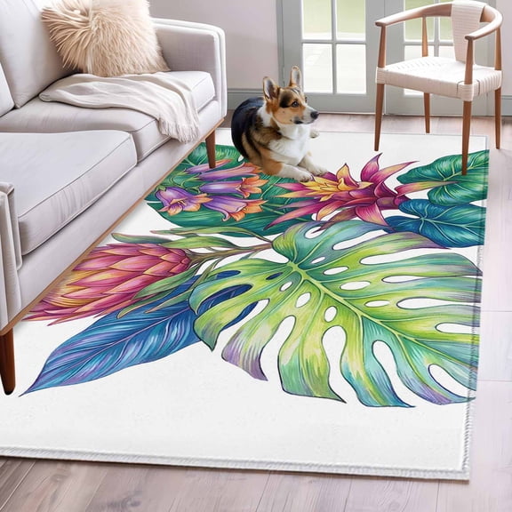 Tropical Plant Area Rugs 2.7'x5', Washable Small Throw Rugs for Kitchen Bedroom, Summer Watercolor Botanical Palm Leaves Indoor Outdoor Rug Non-Slip Low Pile Carpet Runner Reversible Floor Mats