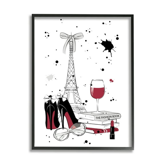 Stupell Industries Glam Fashion Eifel Tower Fashion Books Red Wine Beauty & Fashion Painting Black Framed Art Print Wall Art, 11 x 14