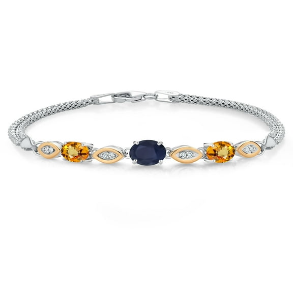 925 Silver and 10K Yellow Gold Blue Sapphire and Yellow Sapphire and White Lab Grown Diamond Bracelet for Women (2.29 Cttw, Gemstone September Birthstone, Oval, Wheat Chain, 7.5 inches)