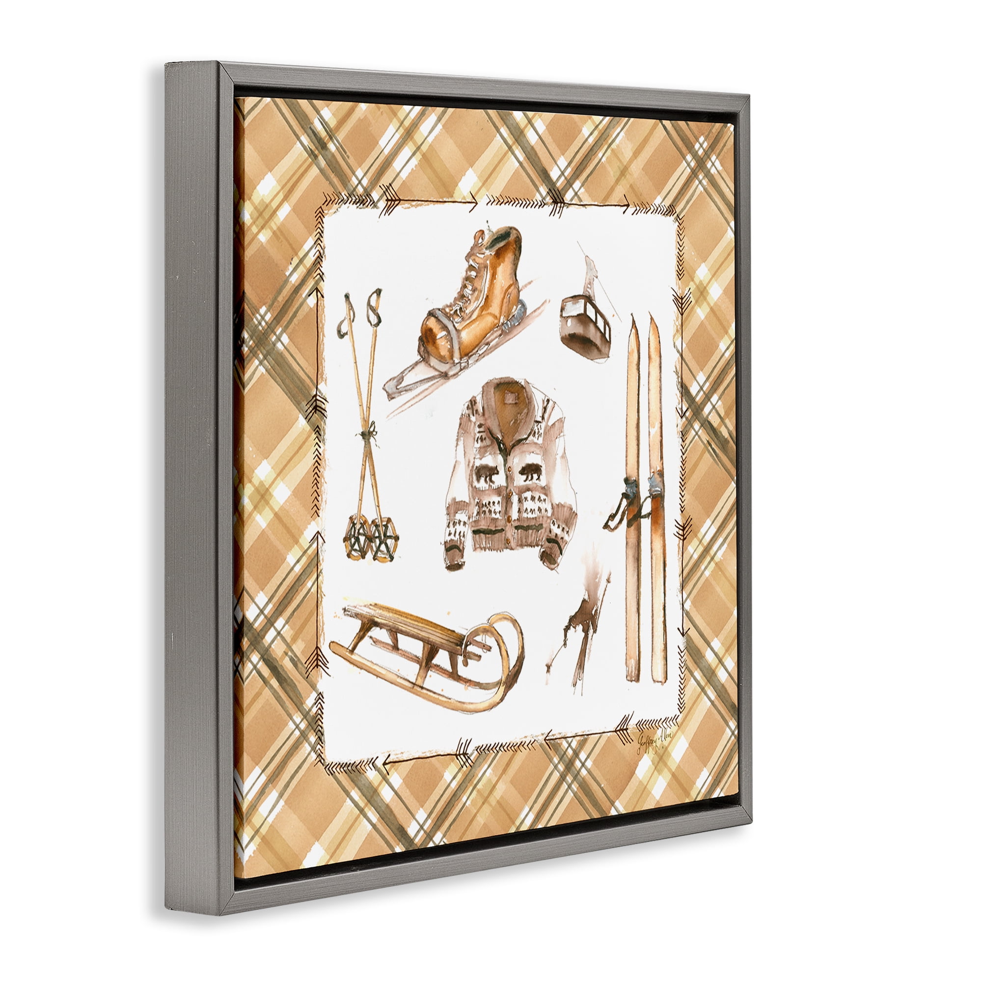 Stupell Industries Winter Sports on Tartan Sports Painting Gray Floater Framed Canvas Art Print Wall Art, 18 x 18