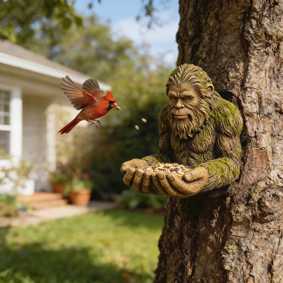 Bigfoot Bird Feeder - Tree-Mounted Ape Sculpture with Hands Holding Seed Tray, Weatherproof Resin Outdoor Garden Decor for Backyard Wildlife, Bird Feeder for Outdoors Hanging, Window Bird Feeder