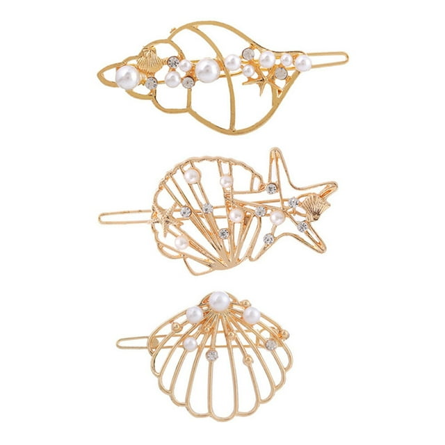 MasteelfCA 3 Pcs Épingles à Cheveux en Alliage Creuses Étoile de Mer Coquillage Strass Incrustation de Perles Barrettes pour Femmes