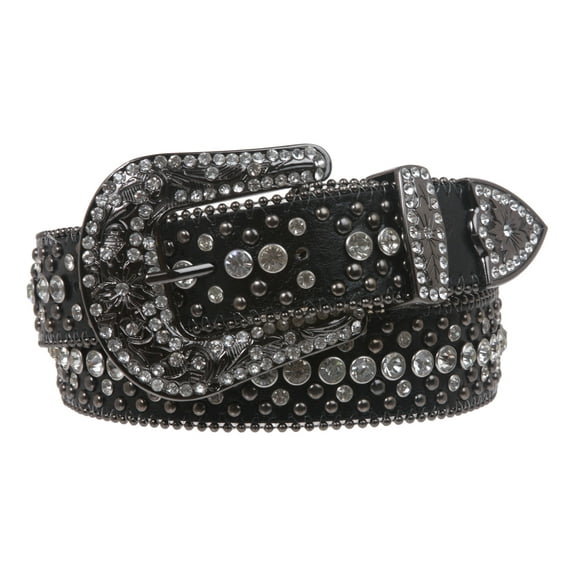 Snap On Rhinestone and Gun Metal Color Circle Studded Leather Belt