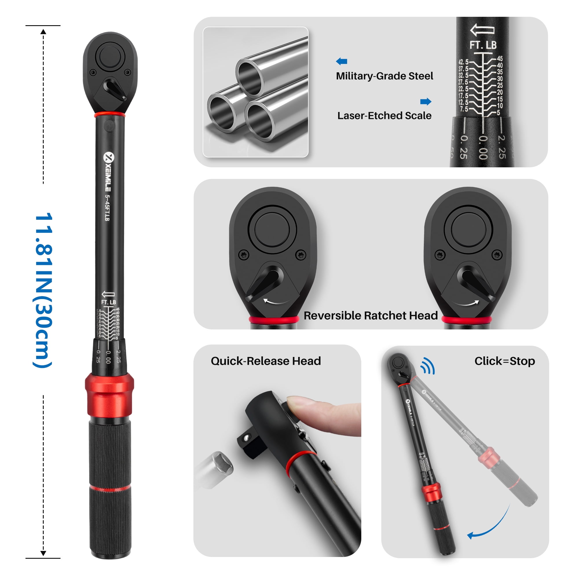 XEIMILE 3/8-Inch Drive Click Torque Wrench - 5-45 Ft-Lb/6.8-61Nm