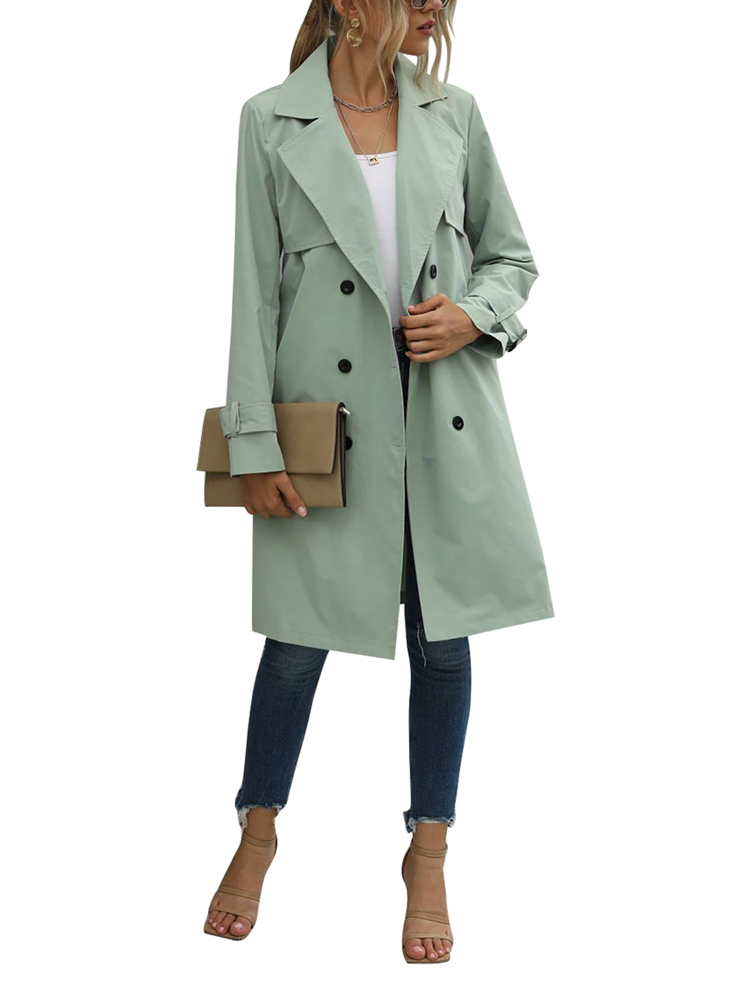 ARTFFEL Womens Regular Fit Double-Breasted Lapel Solid Color Mid Length Trenchcoat Jacket Coat 