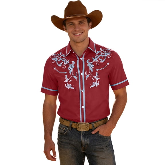Qicasul Mens Western Cowboy Print Short Sleeve Shirt Casual Party Button Down Top,Red,SIZE:S