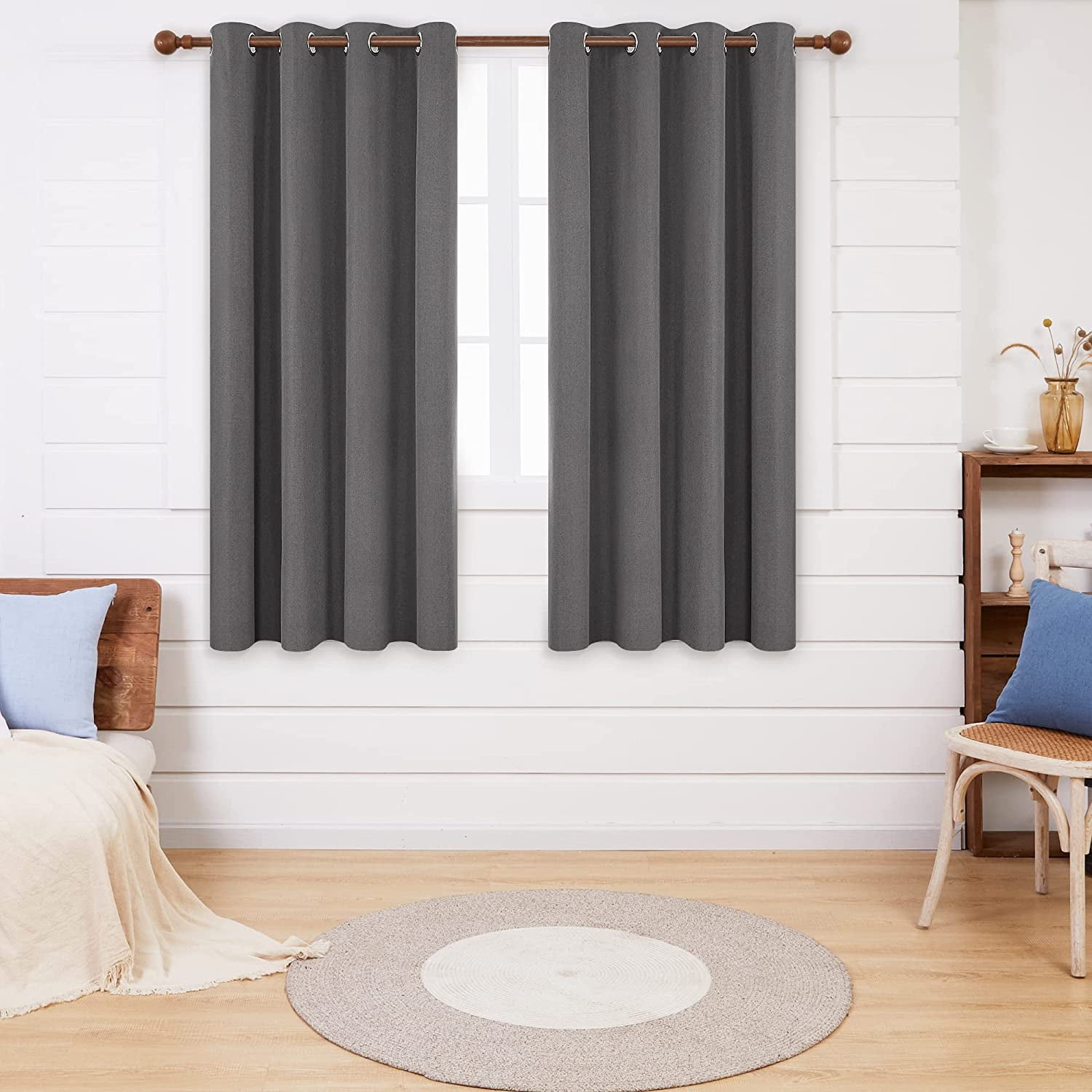 Deconovo Gray Blackout Curtains 63 inches Long, 100% Light Blocking Bedroom Curtains, Linen Textured Thermal Insulated Grommet Drapes (Dark Gray, 52W x 63L Inch