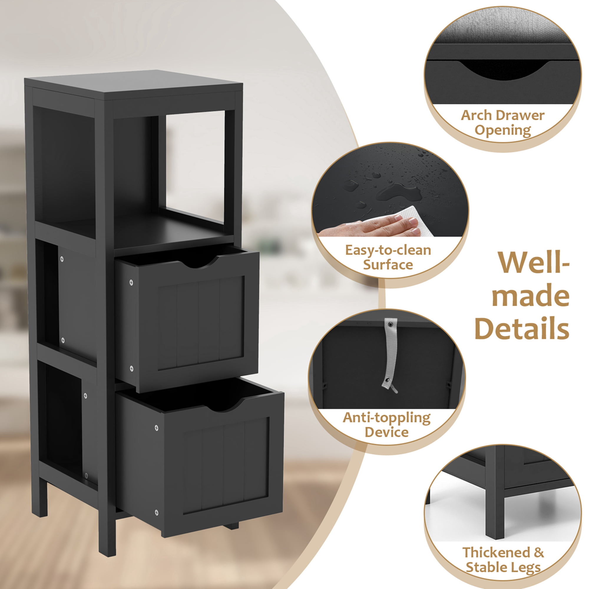 Costway Bathroom Floor Cabinet Freestanding Side Storage Organizer with 2 Removable Drawers Black