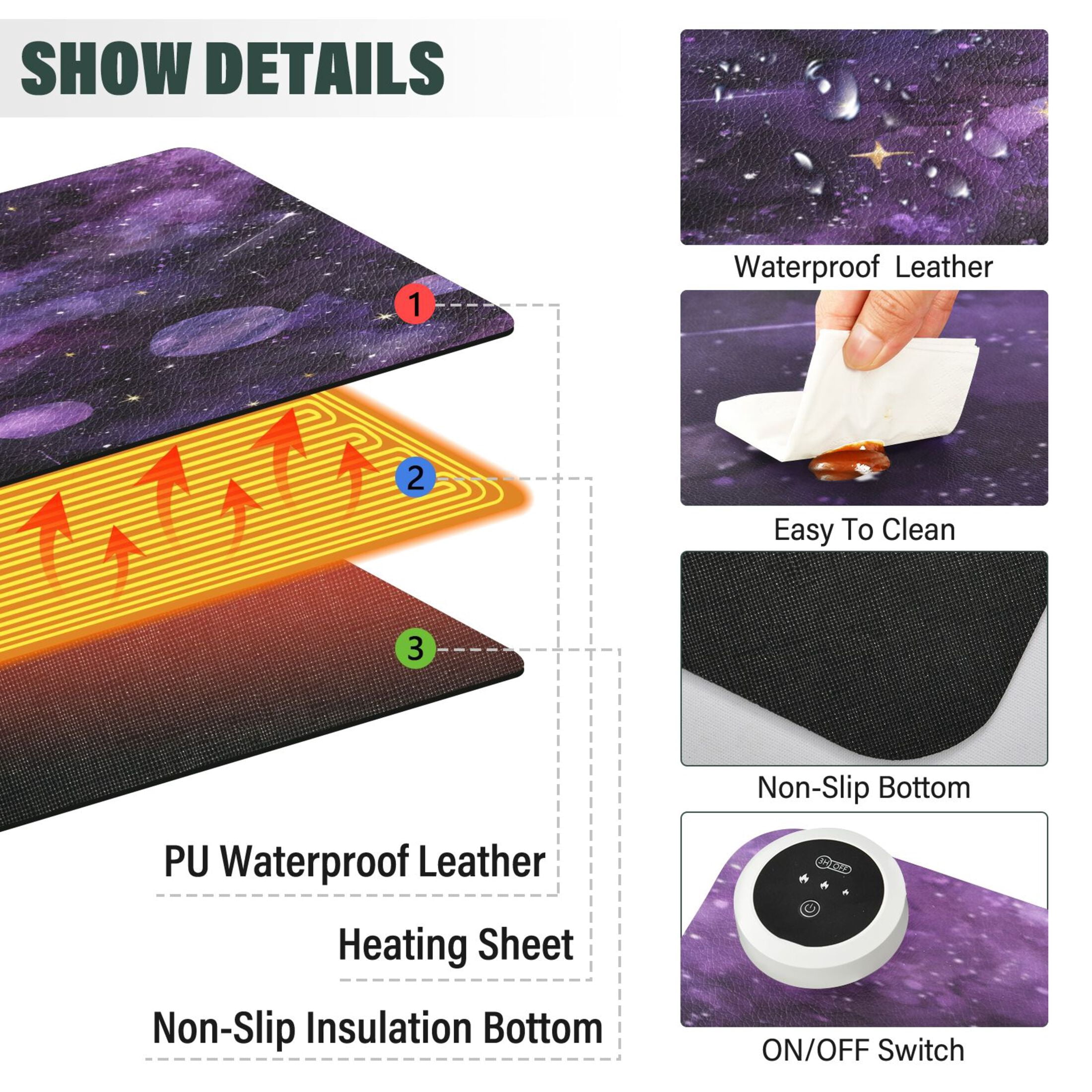 Large Heated Desk Mat Mouse Pad 31.5"x13"PU Leather Graphene Heating Desk Warmer with 3 Temperature Settings 110V US Plug Non-Slip Warm Pad for Home, Office, and Gaming Purple Galaxy Cosmic Whispers