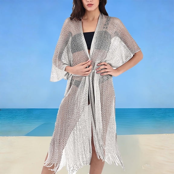 Karight Womens Metallic Mesh Cover Up Kimono Belted Open Front Fringe Hem Beach Swimwear Cover Up