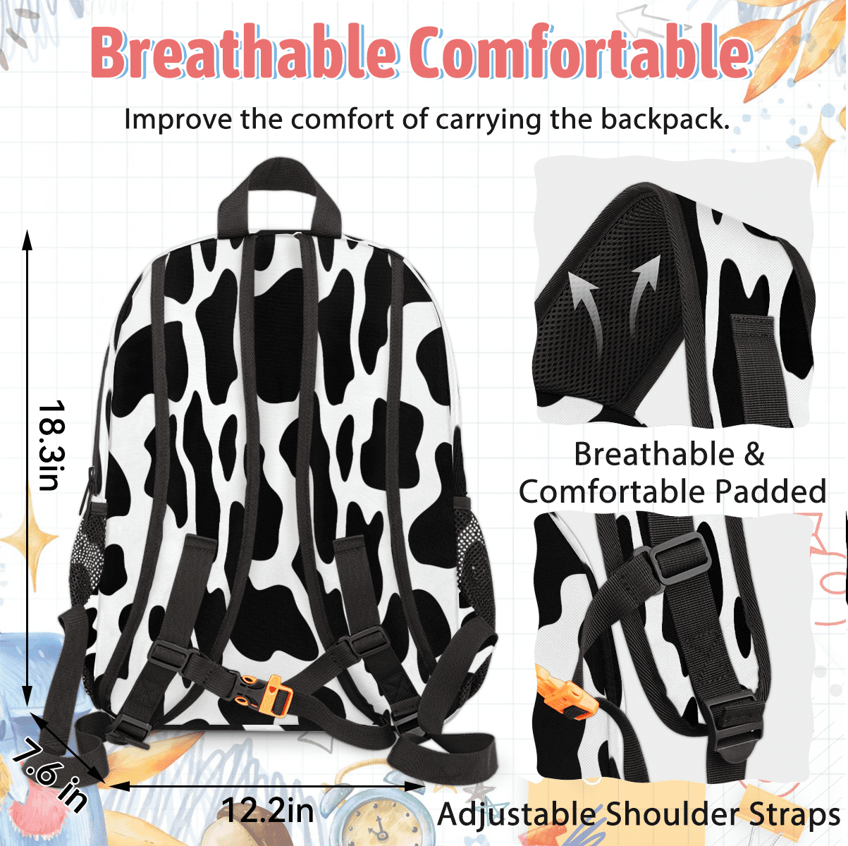 Herdesigns Black White Backpack with Lunch Box Fun Cow Print Farm Animal Lightweight Large Travel Work Laptop Backpacks Set Casual Daypacks
