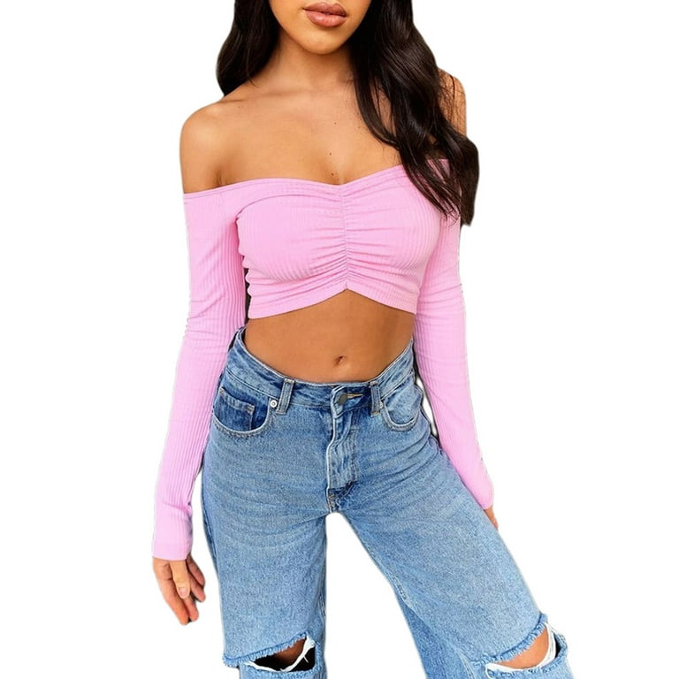 LSFYSZD Off Shoulder Crop Top Women Summer Long Sleeve T Shirt V Neck tshirt Elegant Party Club Tee Shirt Femme Dames Streetwear Walmart