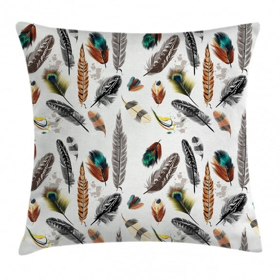 Feather House Decor Throw Pillow Cushion Cover, Collection of Types of Feathers in Vivid Tones with Grey Splashes Image, Decorative Square Accent Pillow Case, 24 X 24 Inches, Multi, by Ambesonne