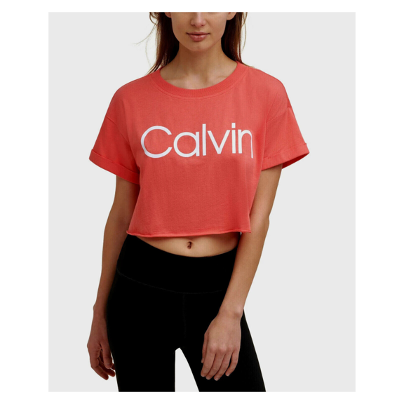 $39.50 Calvin Klein Women's Short Sleeve Rolled Cuff Cropped Top, Orange, M