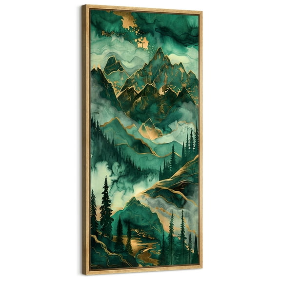 Large Framed Canvas Print Golden Night in the Mountains - Dramatic Green and Gold LandscapeWall Art Decorative Ready to Hang Painting for Living room Bedroom 60x30 inches Natural Frame