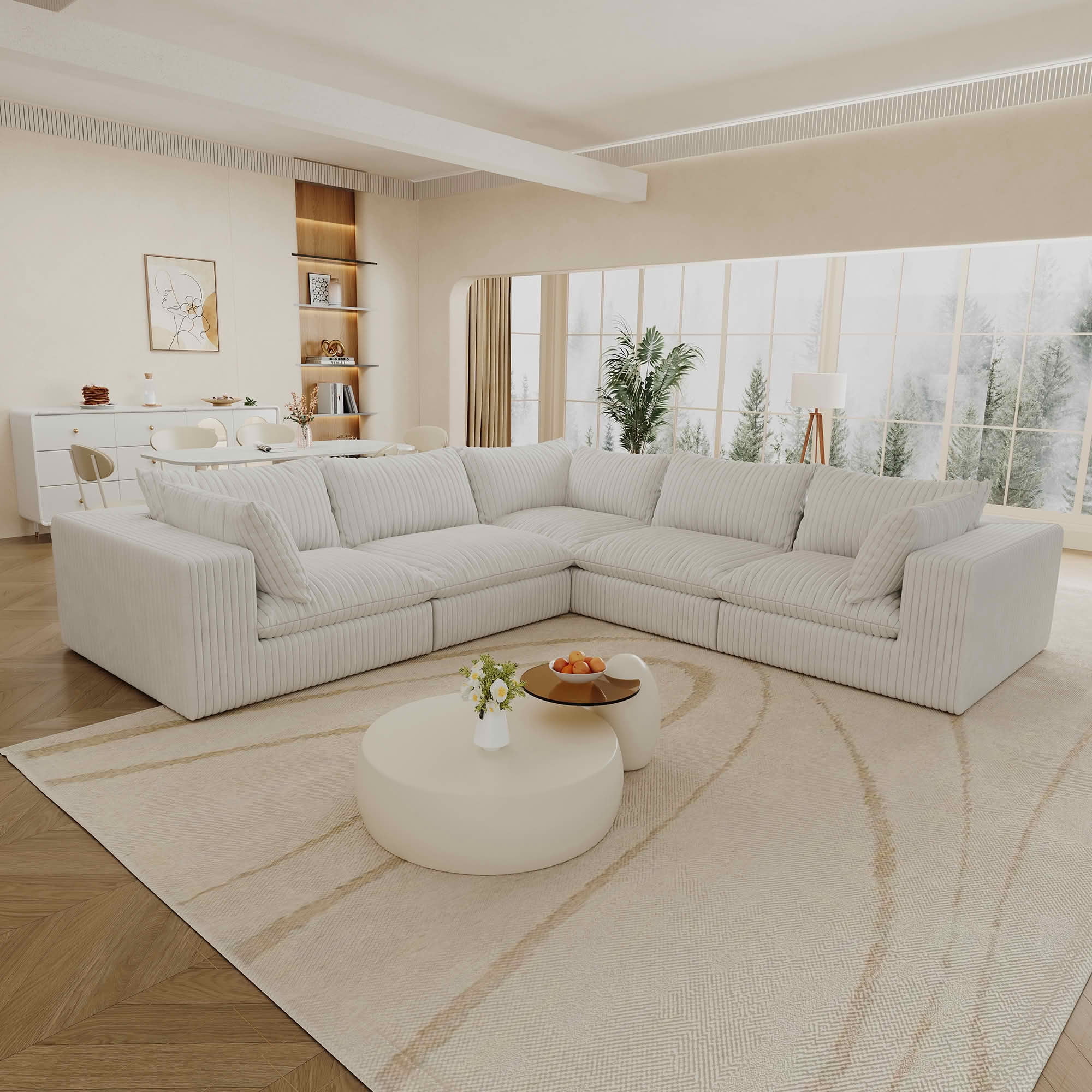 MAYEERTY 118.2" Cloud Corduroy Sofa, Deep Seat Double-Layer Design, Removable Cushion No Assembly, DIY Combination, White