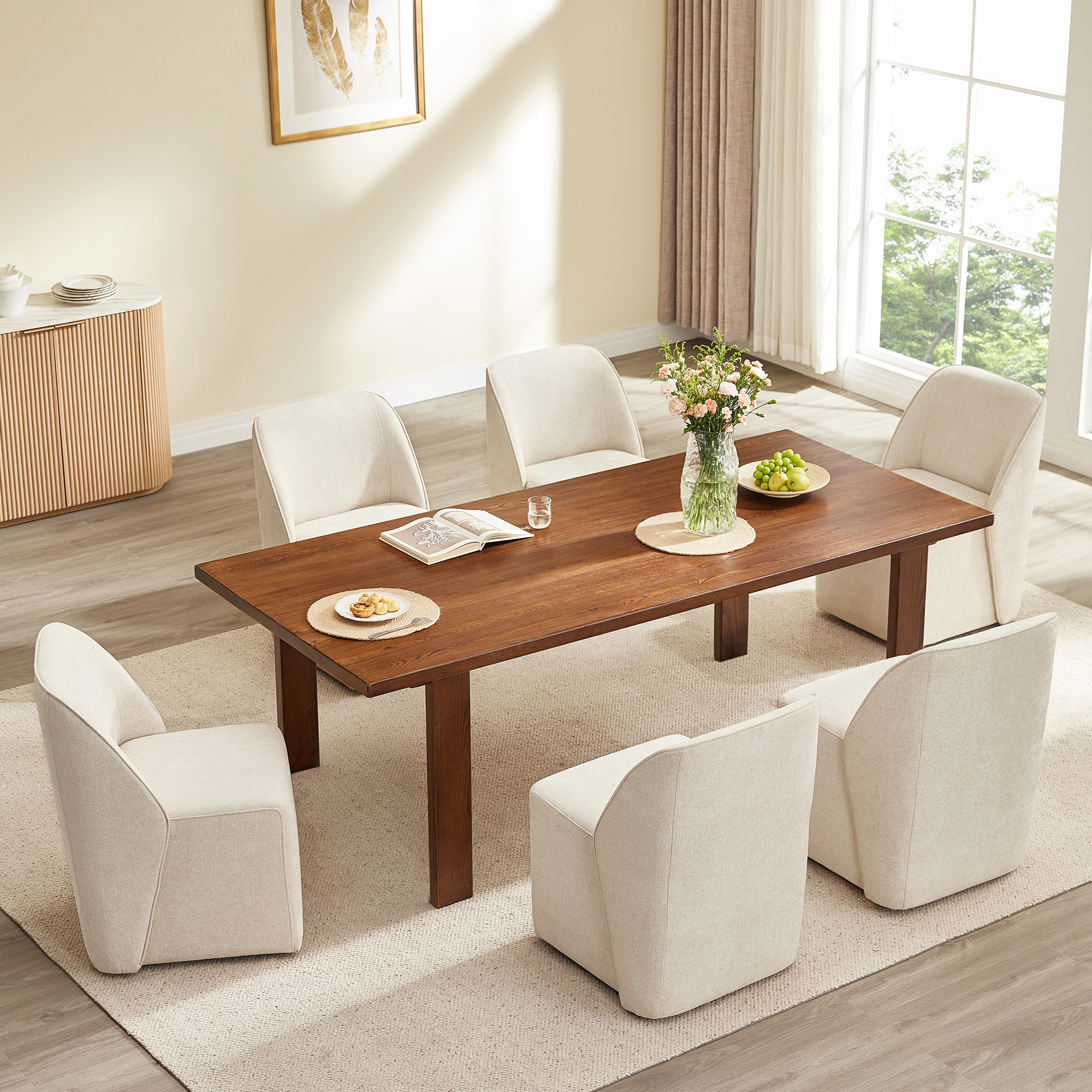 Spruce & Spring Rolling Upholstered Dining Chair with Smooth Hidden Casters Set of 2, Linen