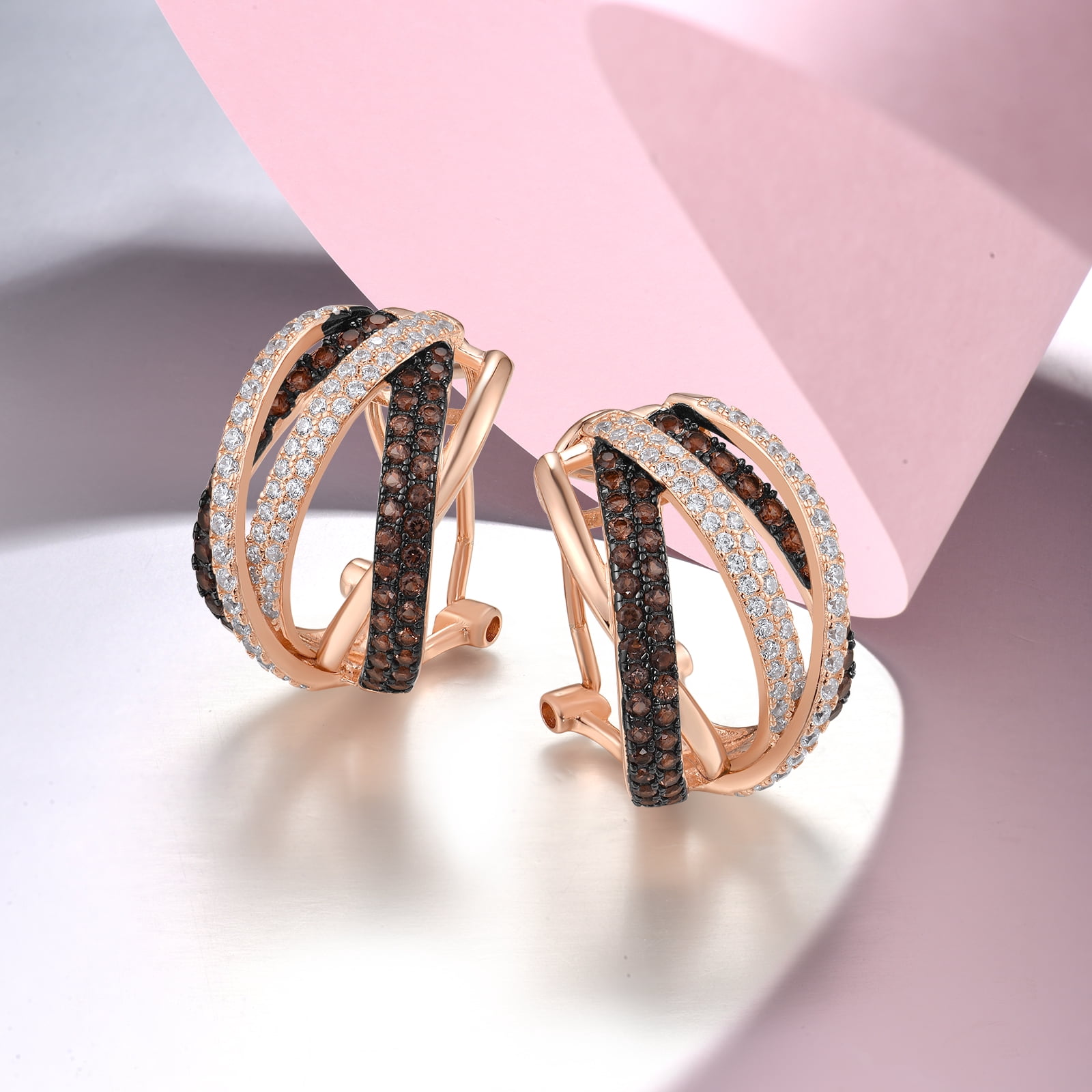 Santuzza Twisted Earrings 925 Sterling Silver Nano Brown Spinel White Cubic Zirconia Omega Back Earrings for Women