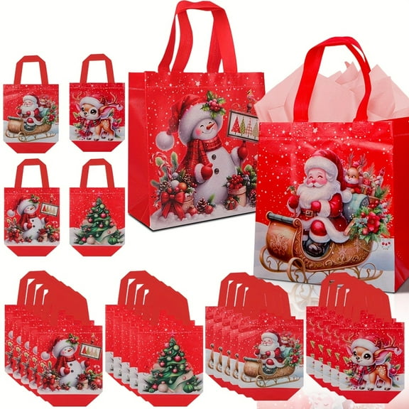 40-Pack Christmas Gift Bags with Handles - Multi-Color Retail Store Bags Featuring Trees, Santa, Reindeer & Snowmen for Holiday Parties, Birthday Gifts & Decor