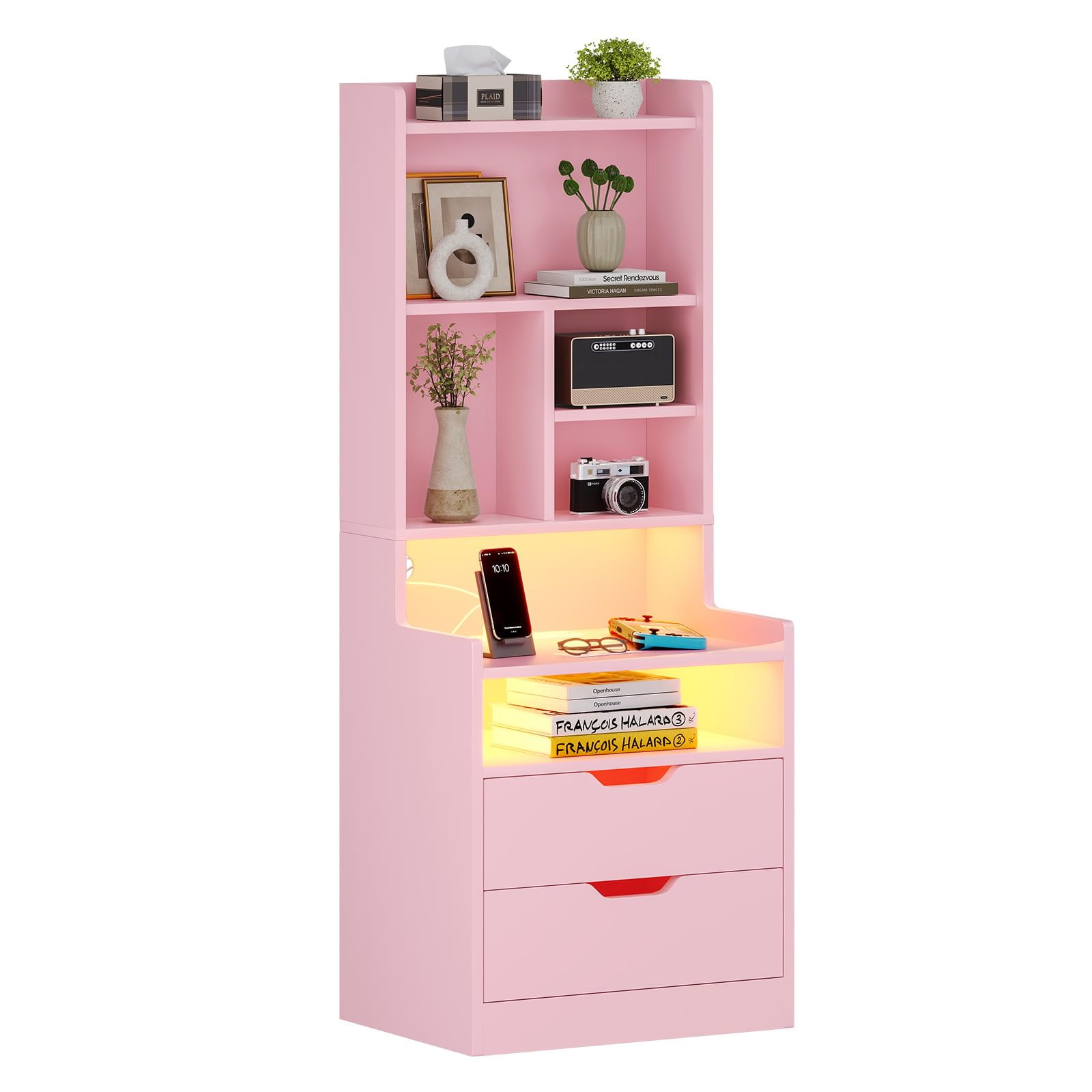 Tall Nightstand with Charging Station and LED Lights,Nightstand with Bookshelf,Bedside Table with Drawers & Power Outlets,End Side Table,Pink