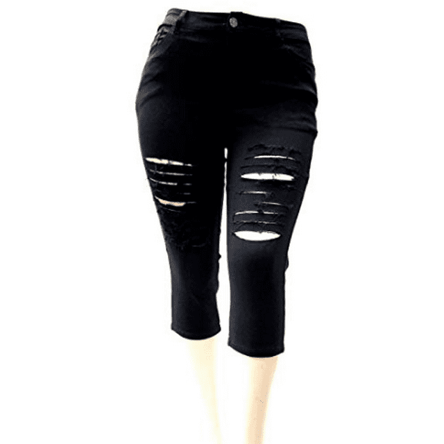 Jack David Women's Plus size Black capri bermuda distressed ripped denim jeans