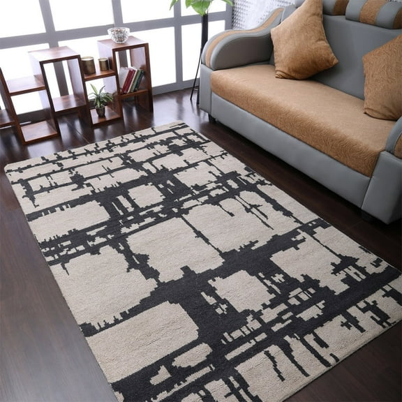 HAND KNOTTED WOOL CONTEMPORARY MODERN AREA RUGS - 8'x10', Rectangle Shape, Beige Charcoal Color, Classic Traditional Design, Low Pile Handmade Area Rugs for Living Room, Bed Room (N00065)
