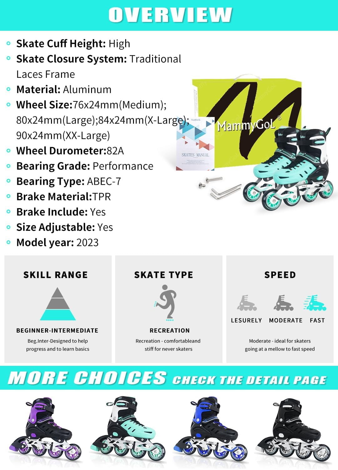 MammyGol Adjustable Inline Skates for Youth & Adults PU Wheels Safety Brake Teal (Teen Boys, Girls, Beginner-Friendly)