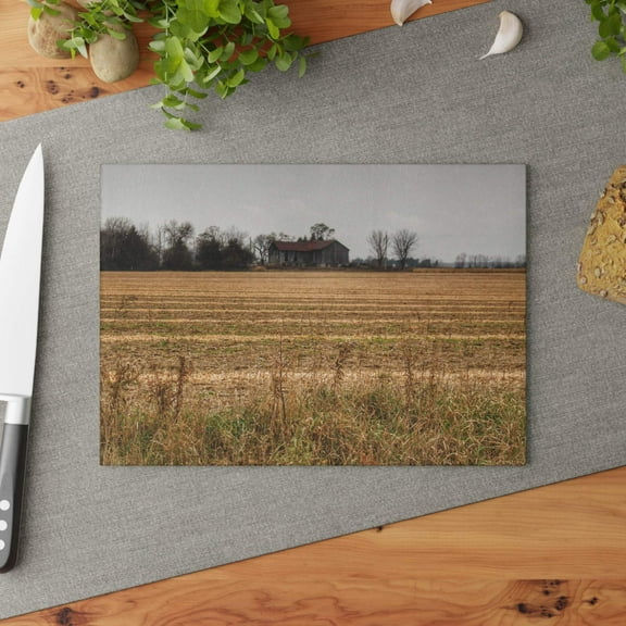 U R There Photography Freiberger Road Grey Across the Field Rustic Farmhouse Tempered-Glass Cutting Board 8"x 11"