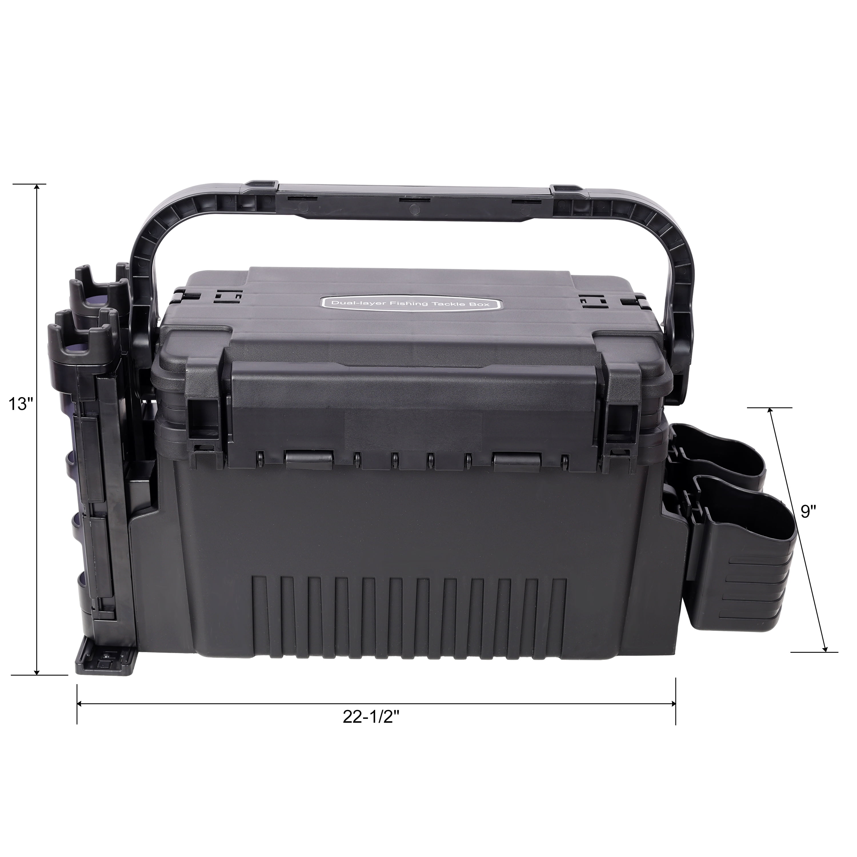 Dual-Layer Fishing Tackle Box Organizer with Rod Holders, 11L Large Capacity Waterproof Tackle Storage with Cup Holders & Carry Strap,Black