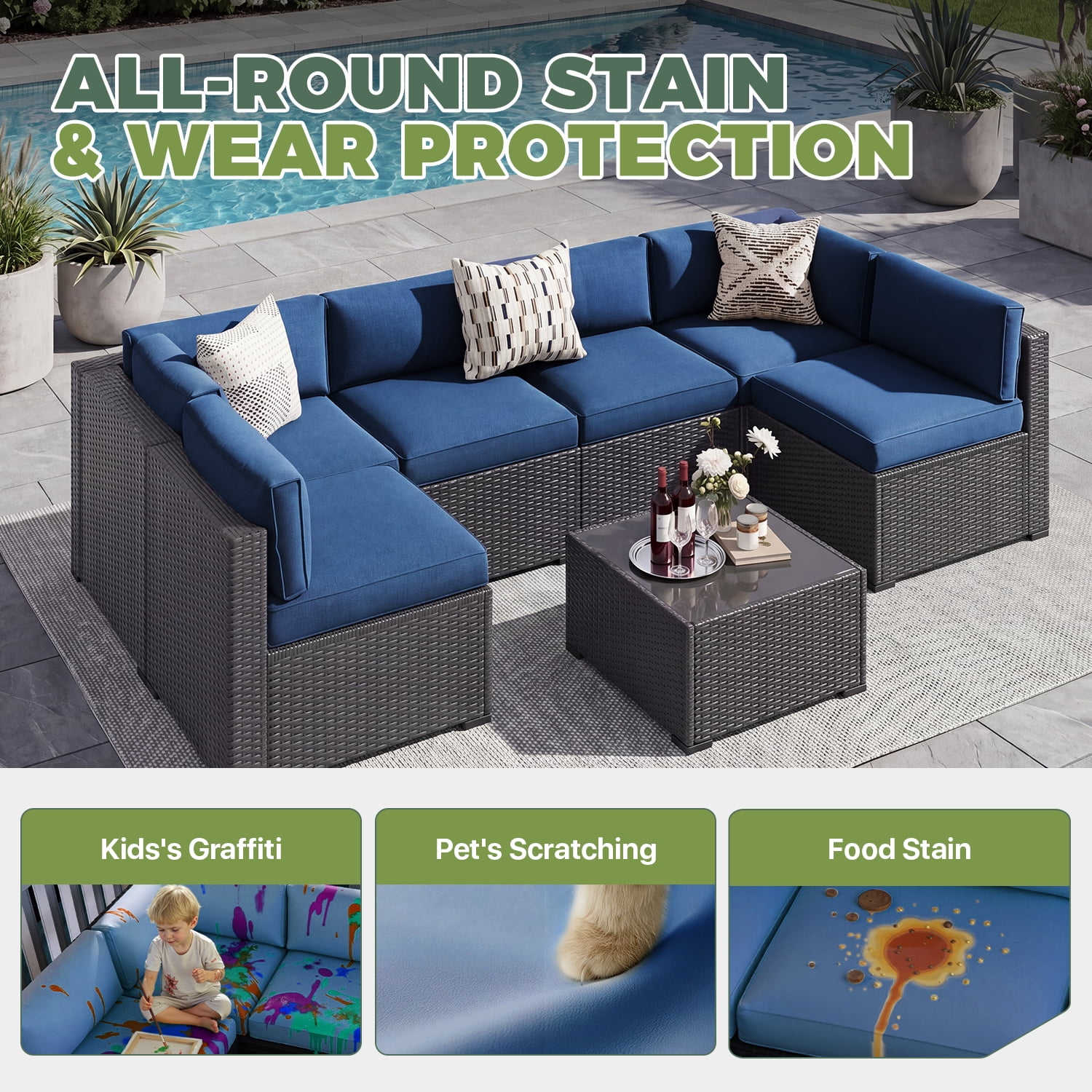 BaPiPro 14 Pack Navy Blue Outdoor Patio Sofa Cushion Replacement Covers, Fade‑Proof, Waterproof & Zippered, Wear‑Resistant, Stain‑Resistant Easy‑to‑Clean Slipcovers for Rattan Sectional Furniture