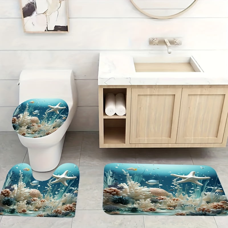 4pcs Ocean Series Blue Coral Shower Curtain Set Decorative Bathroom Set Waterproof Shower Curtain Non slip Floor Mat Toilet Lid Bathroom Mat and 12 Plastic Hooks Bathroom Accessories Home Decor