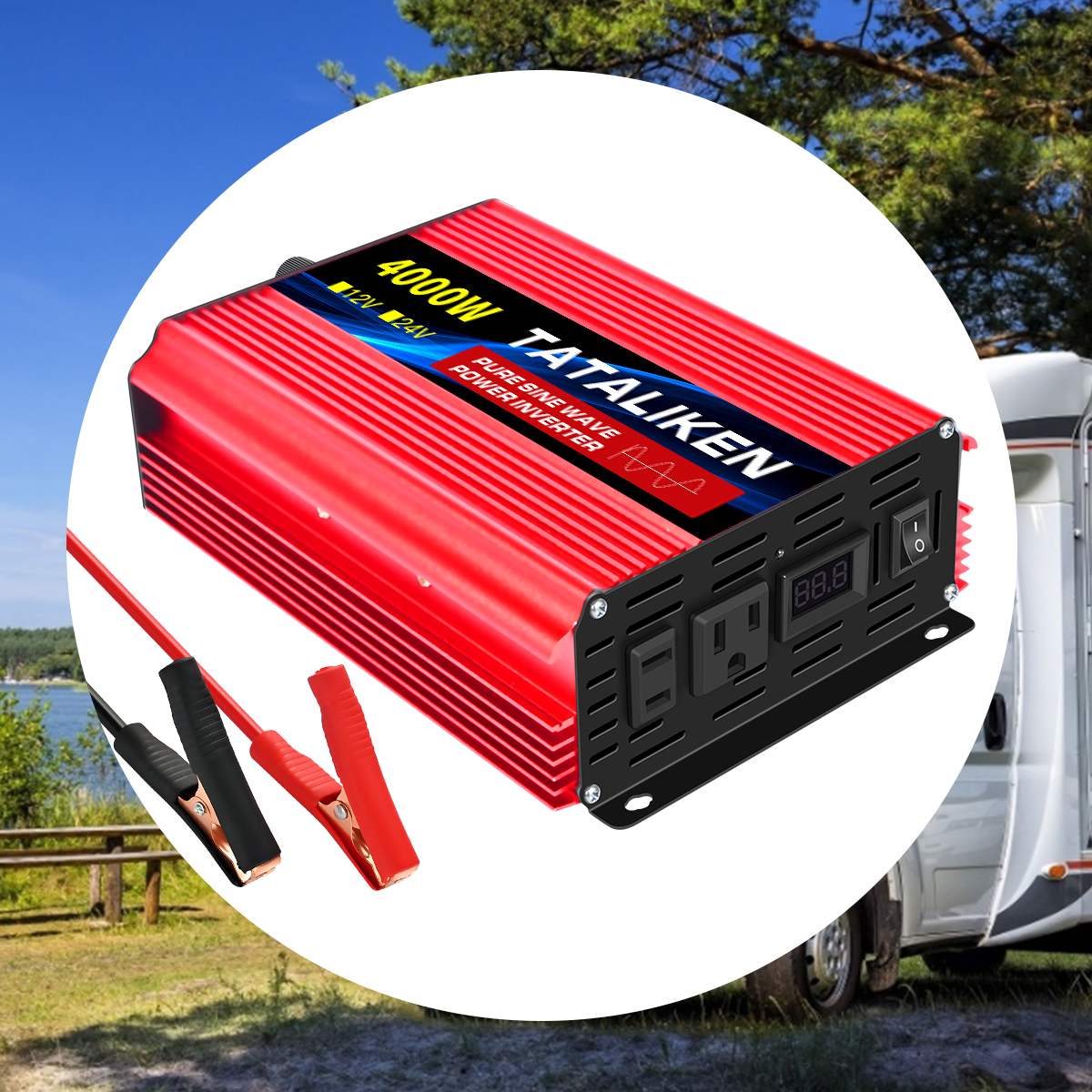 TATALIKEN 4000W（Rating power 1200 W）Pure Sine Wave Power Inverter DC 12V to AC 110V/120V Car Inverter with Battery Clamp Cable 2 AC Outlets for Power Tools Home Vehicles RV Truck, LCD Display Red