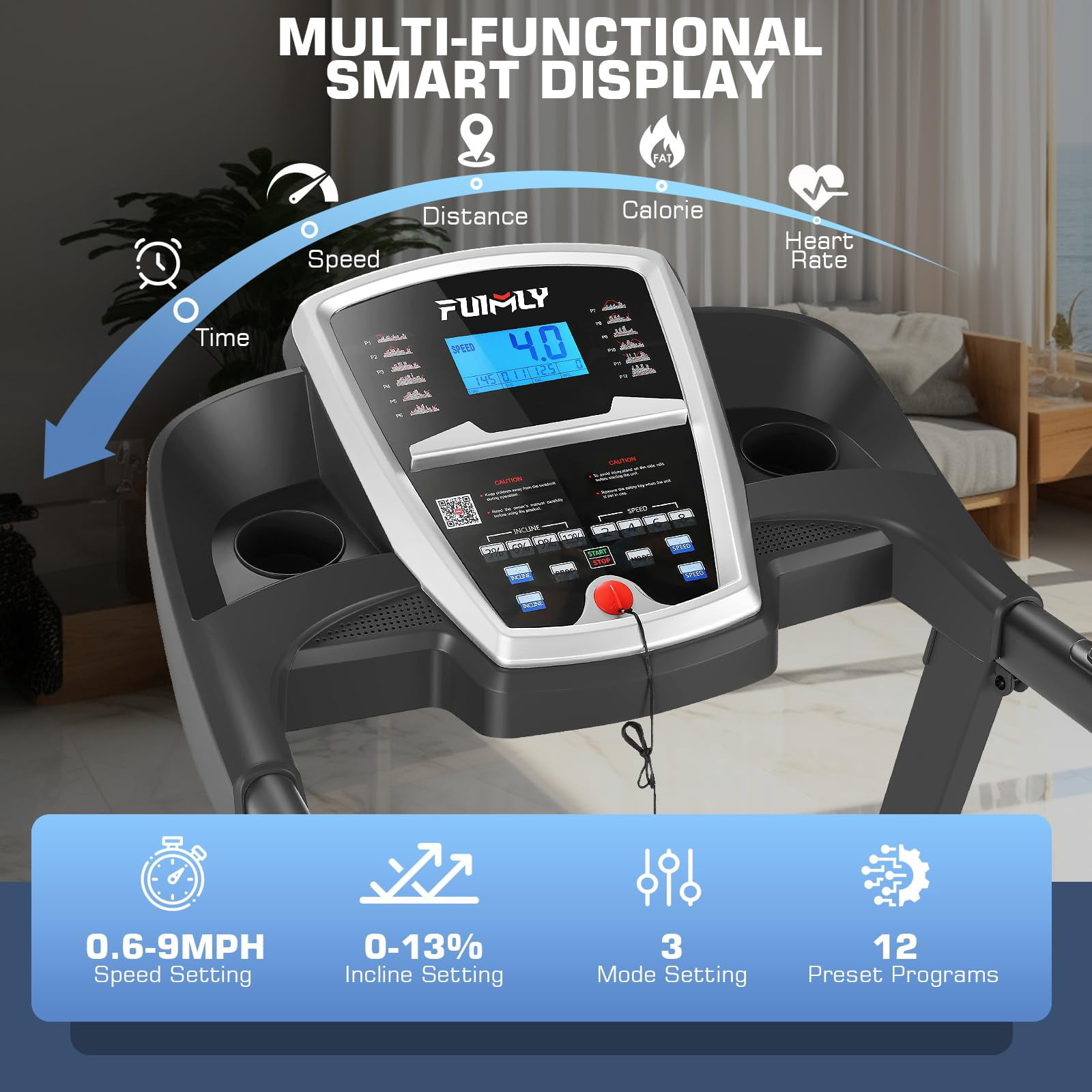 FUNMILY Folding Treadmill with 13% Auto Incline, 3.25HP Ultra-silent Motor, Speed Range of 0.6~9MPH,300lb Weight Capacity,Bluetooth Connectivity, Home&Office Fitness Equipment