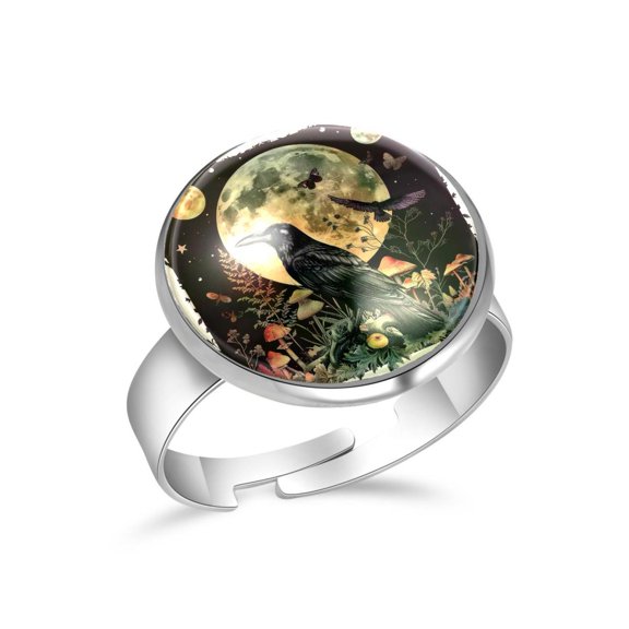 PhooArto Moon Crow Nature Flowers Stainless Steel Rings for Women, Open Adjustable Ring Promise Ring Jewelry Gifts
