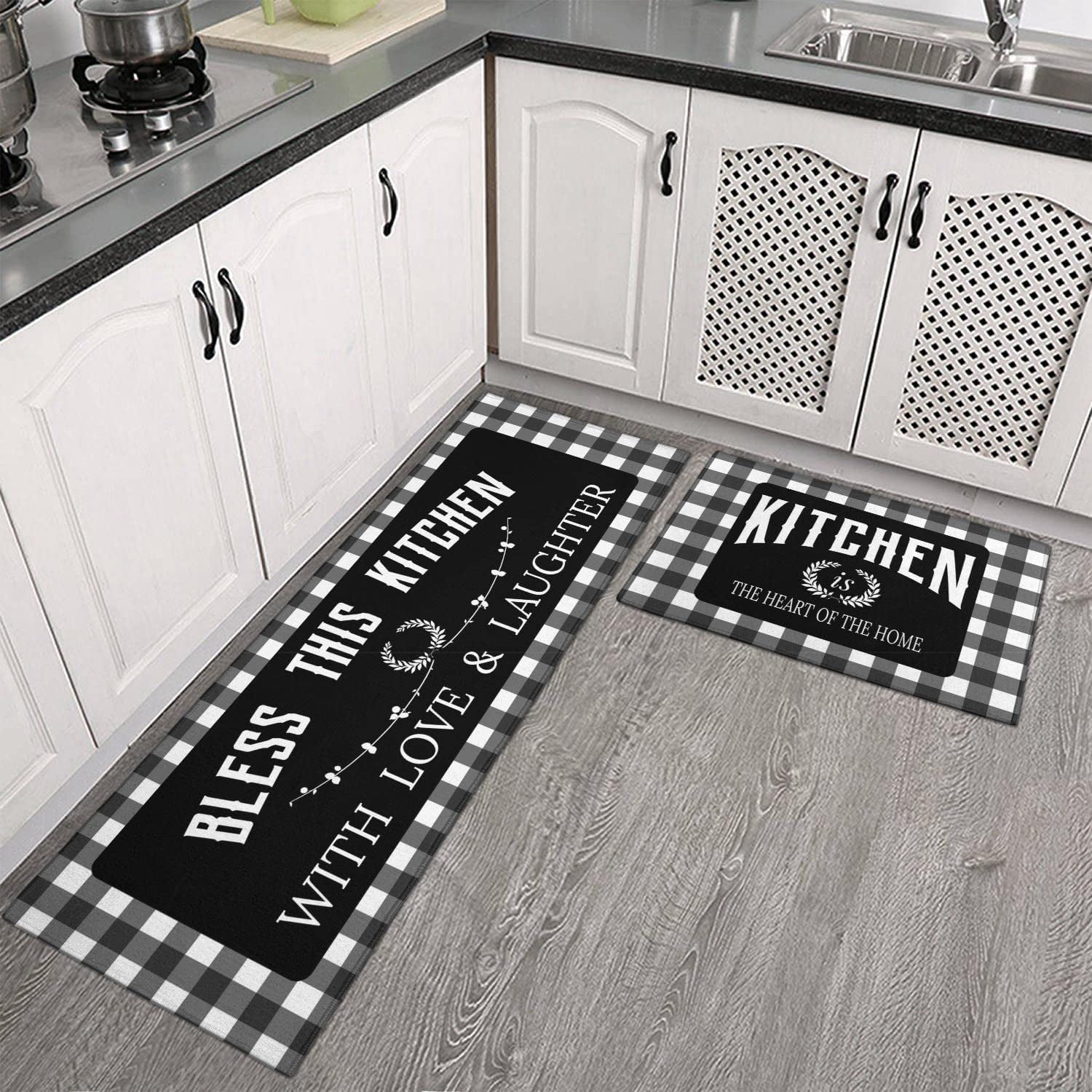 Black Kitchen Rugs and Mats Sets of 2, Funny Kitchen Decoration Rubber Backing Non-Slip Absorbent Mats for Sink Waterproof Runner Rug for Laundry Room 17x30+17x48inch