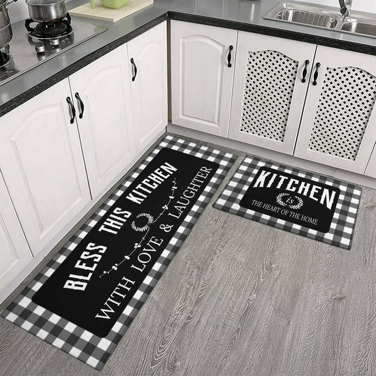 Black Kitchen Rugs and Mats Sets of 2,Black White Buffalo Plaid Kitchen  Decoration Non-Slip Absorbent Kitchen Mats for Sink Waterproof Runner Rug  for Laundry Room 