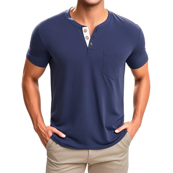 DARING DIVA Men's Casual Summer Short Sleeves Button Henley Basic Tee M Blue