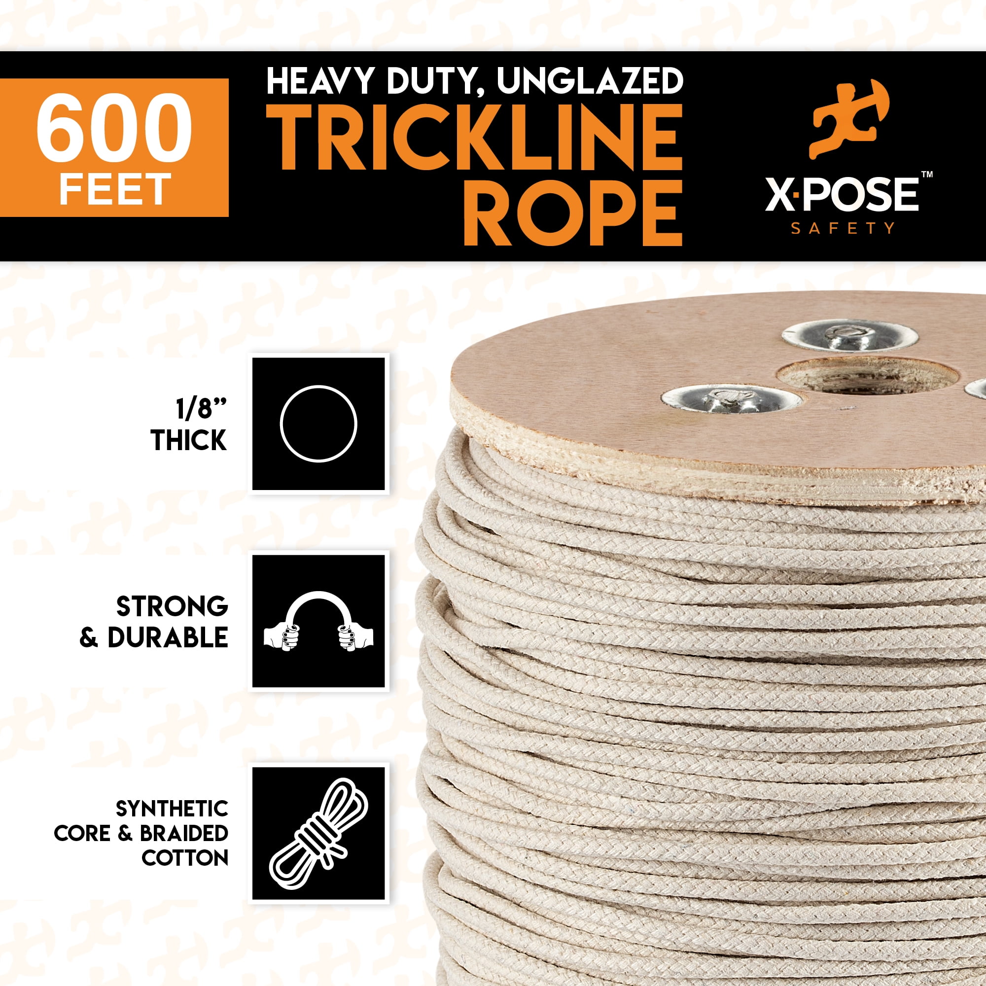 White Unglazed Trickline Rope - 600 ft x 1/8 inch Theatrical Tie Line Heavy Duty Spool, Cable Management and Wire Tie - for Theatre, Stage Decor, Rigging and Utility Applications - Xpose Safety