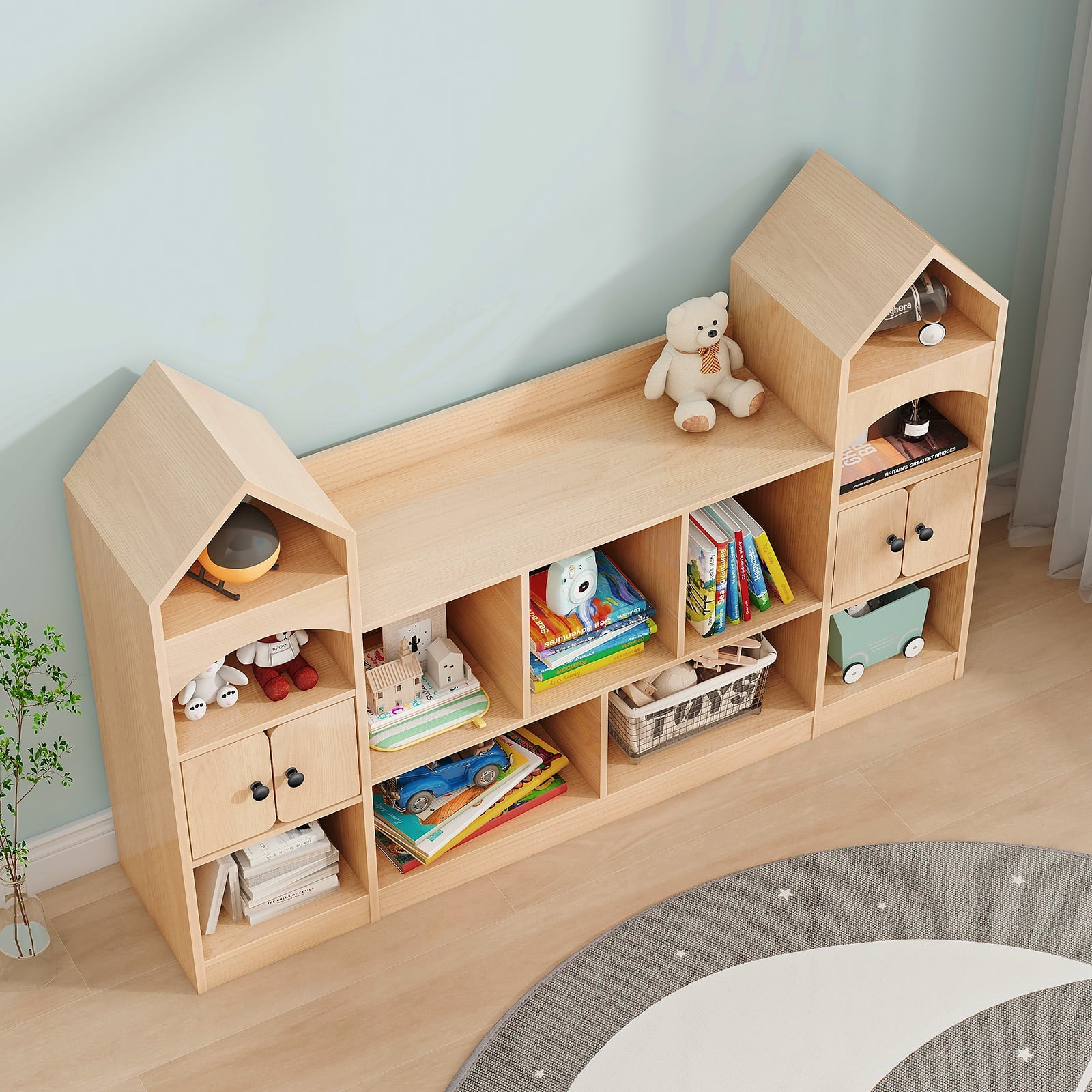 Vabches Kids Bookcase and Toy Storage Organizer, Children Bookshelf, Castle Shape, Playroom Furniture Multipurpose Shelf for Toddlers to Organize Toys and Books Magic Castle, Oak
